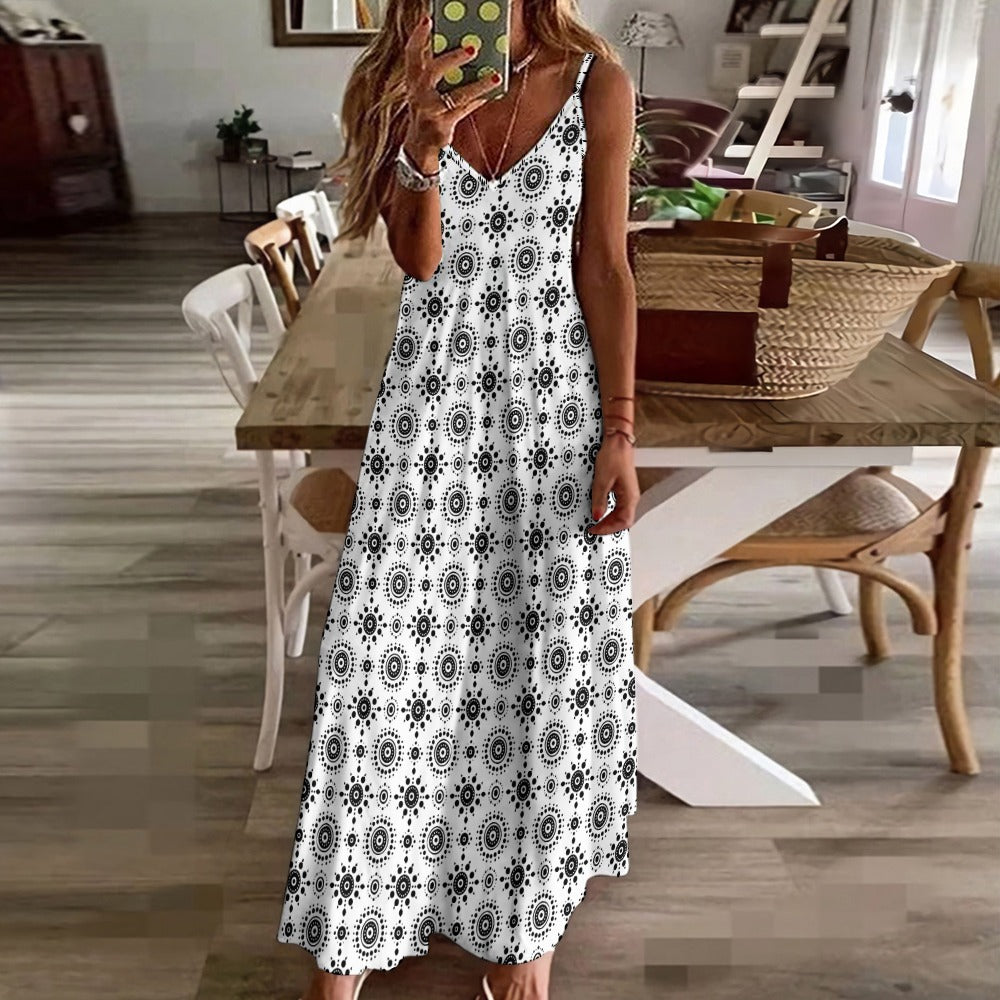 Black White Boho Maxi Dress, Long Spaghetti Straps Women Sleeveless Ca –  Starcove Fashion