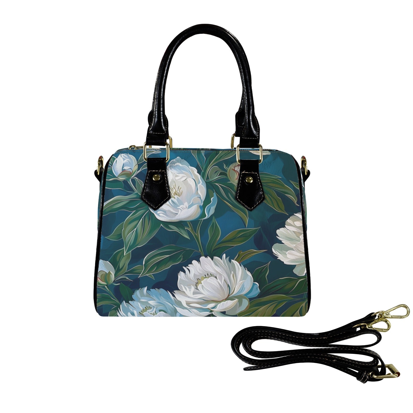 Flowers, White, Blue, Designer Shoulder Bag, Original Design, Modern good Art, Gift, Fashion, Vegan Leather, Gift, Casual, Shopping, Birthday