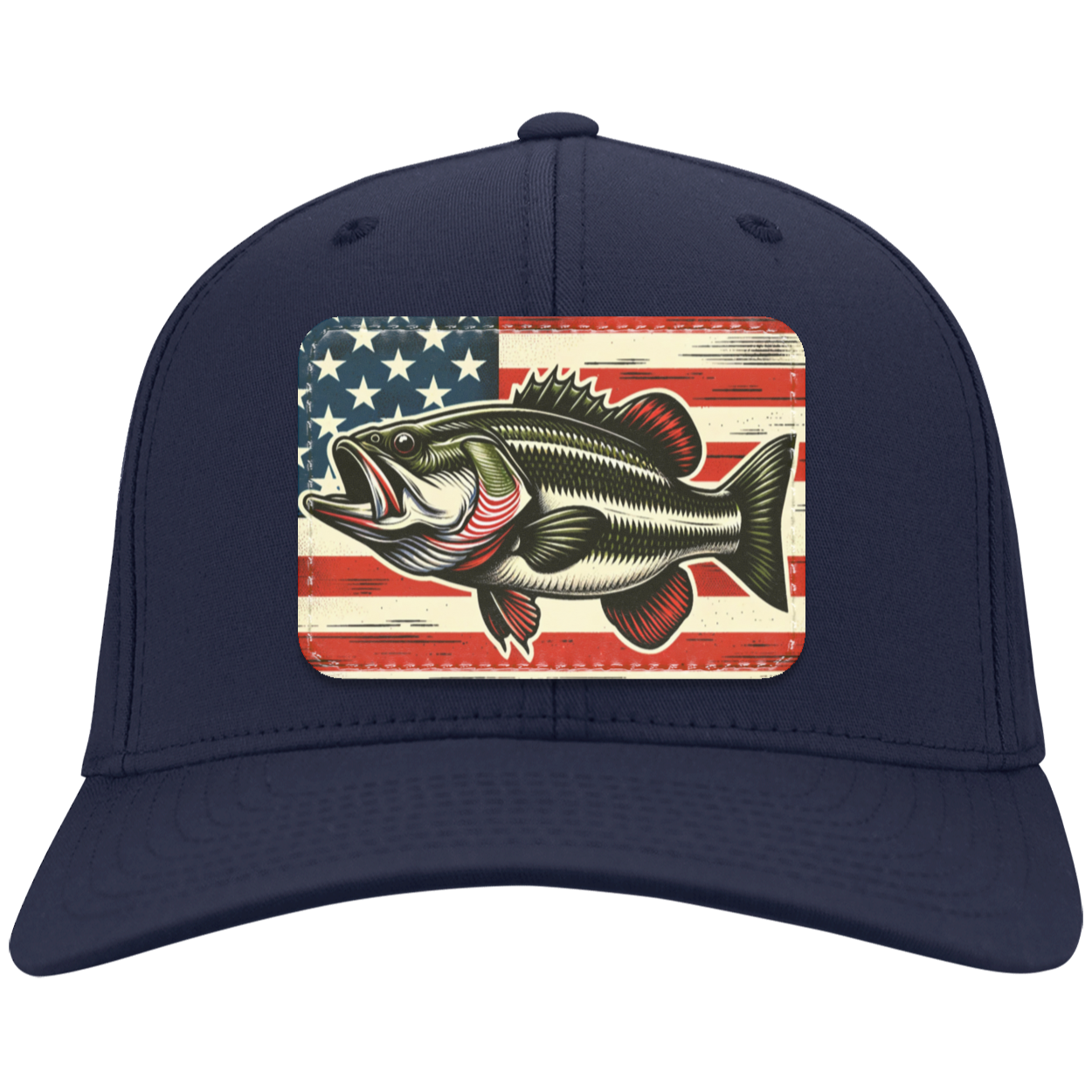 American Flag Fishing Baseball Dad Hat Cap, Bass Fish USA Mom Men Women Adult Cool Vegan Leather Patch Gift Navy / Rectangle
