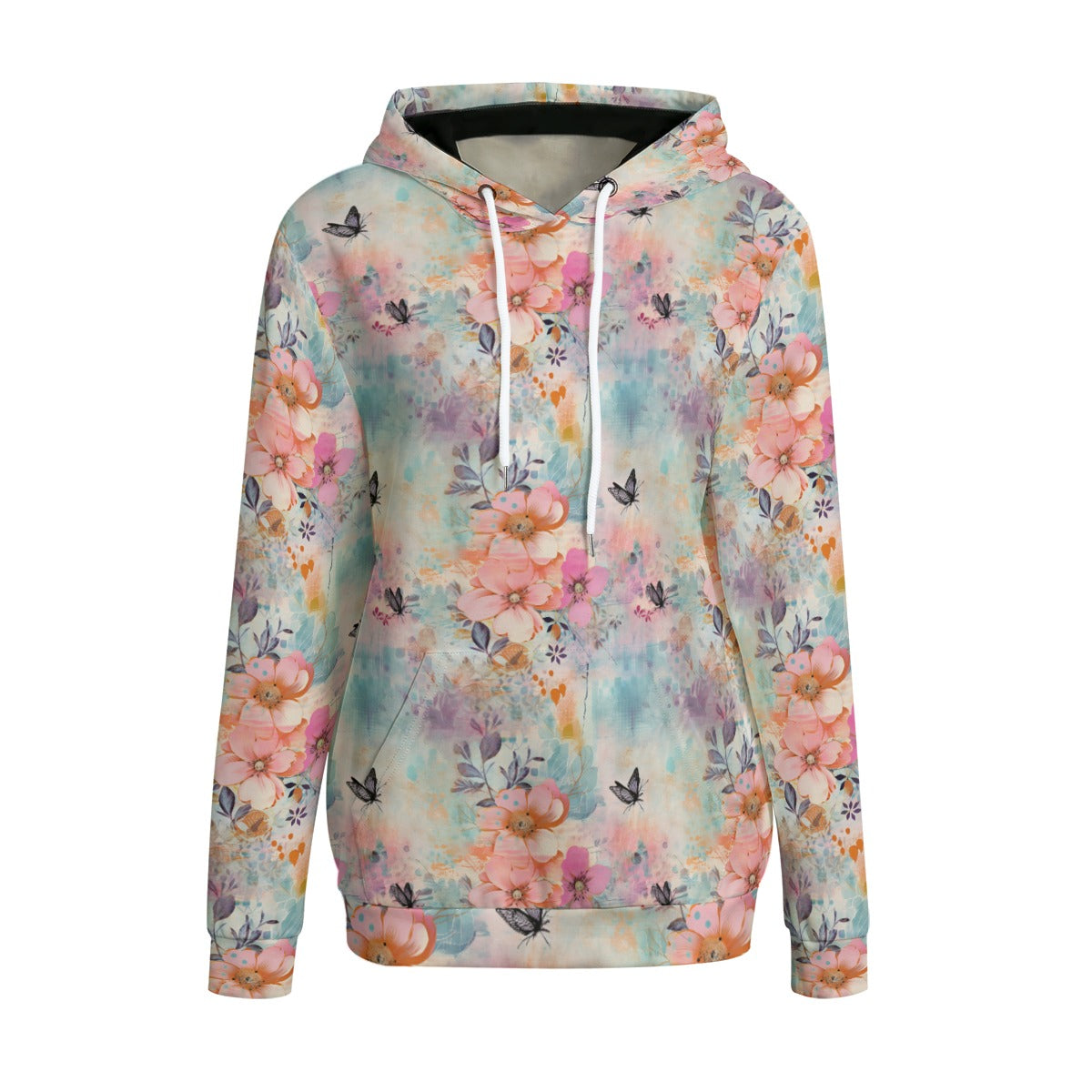Pink Flowers Women Pullover Hoodie, Aesthetic Graphic Hooded Long