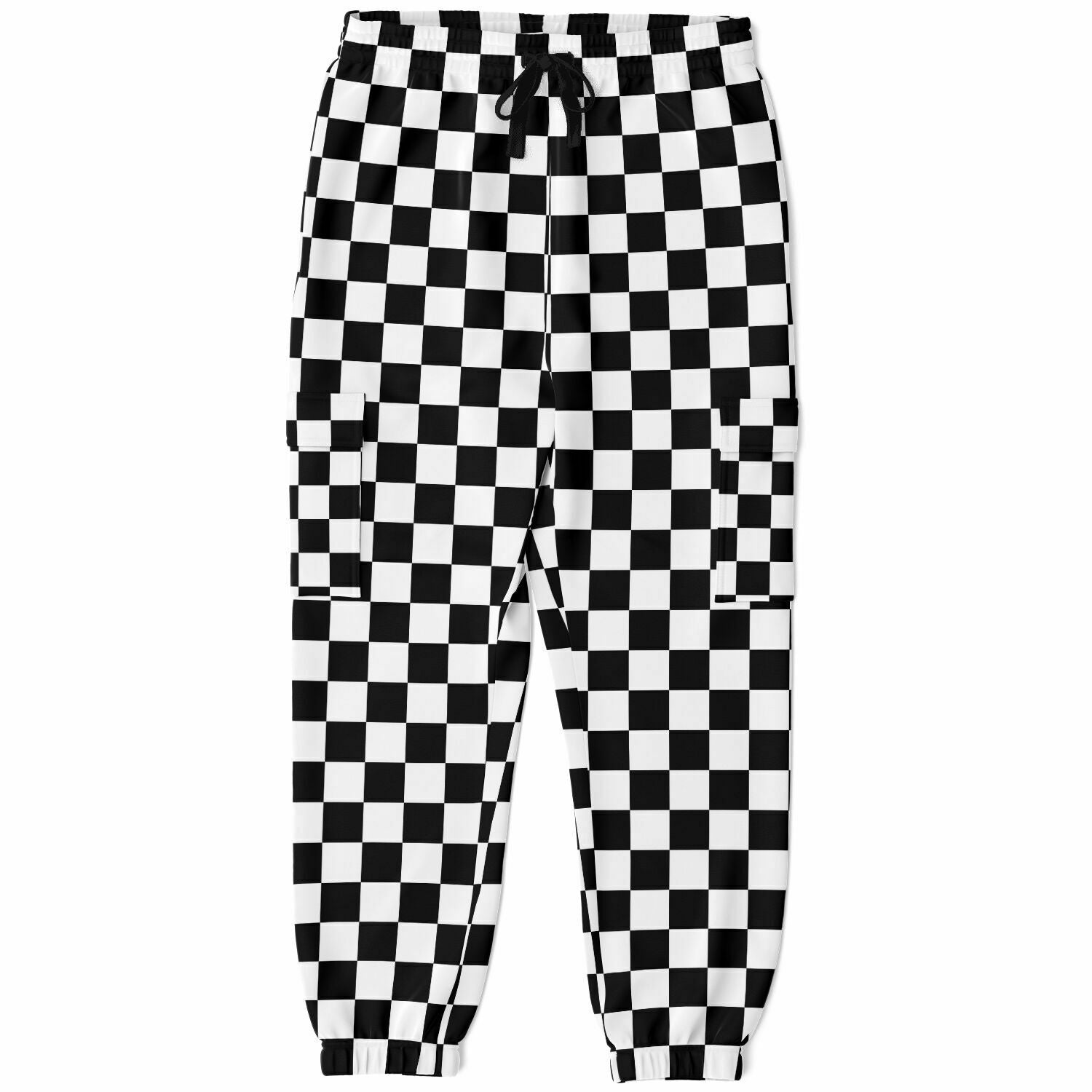 Checkered Cargo Pants with Flap Pockets, Black White Check Women Men Fleece  Joggers Sweatpants Cotton Sweats Streetwear