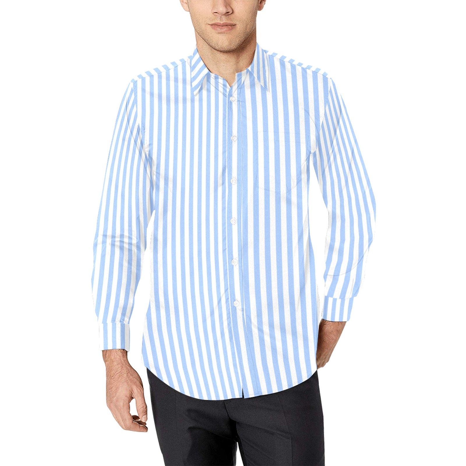 Light Blue Striped Long Sleeve Men Button Up Shirt, White Print Button –  Starcove Fashion