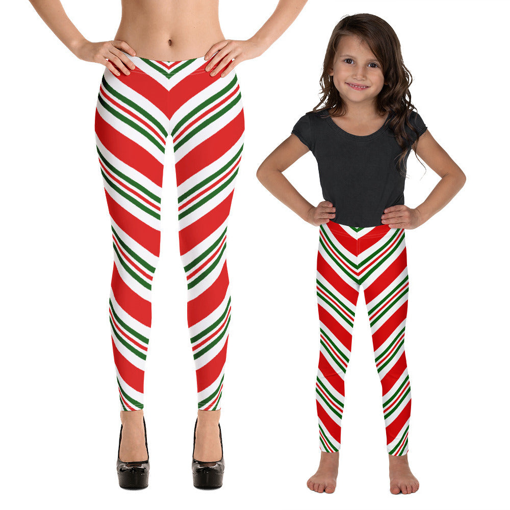Candy Cane Stripe Leggings, Mommy Me Red White Green Christmas Elf Xma
