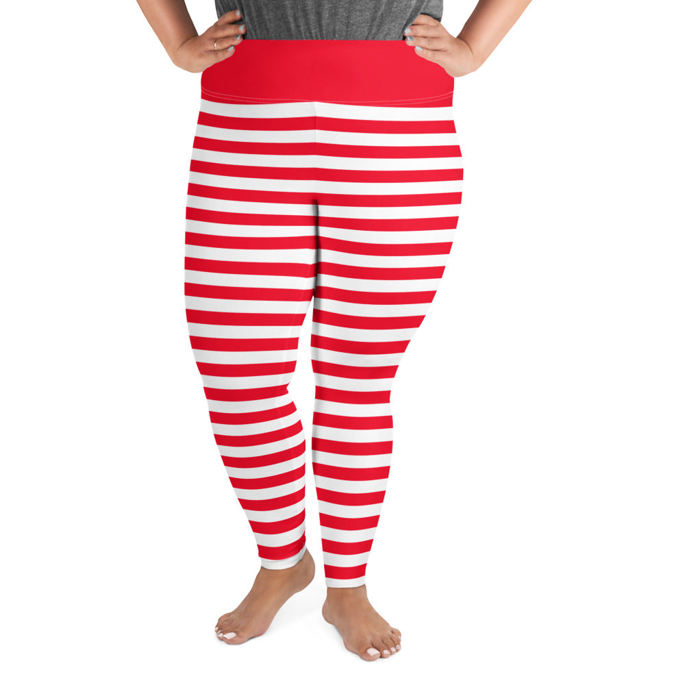 Red and White Striped Plus Size Women Leggings, Printed Christmas