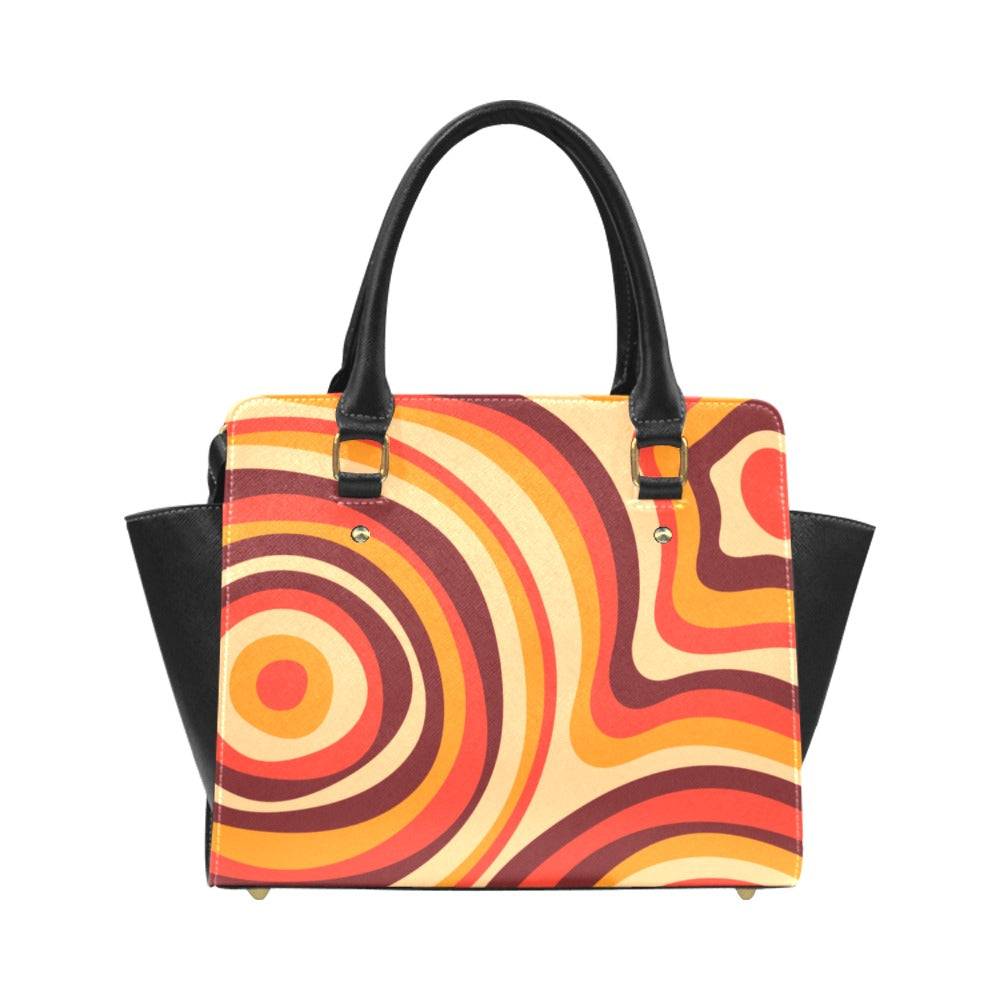 Multicolor Monogram Print Vegan Leather Handbag with Tan Trim