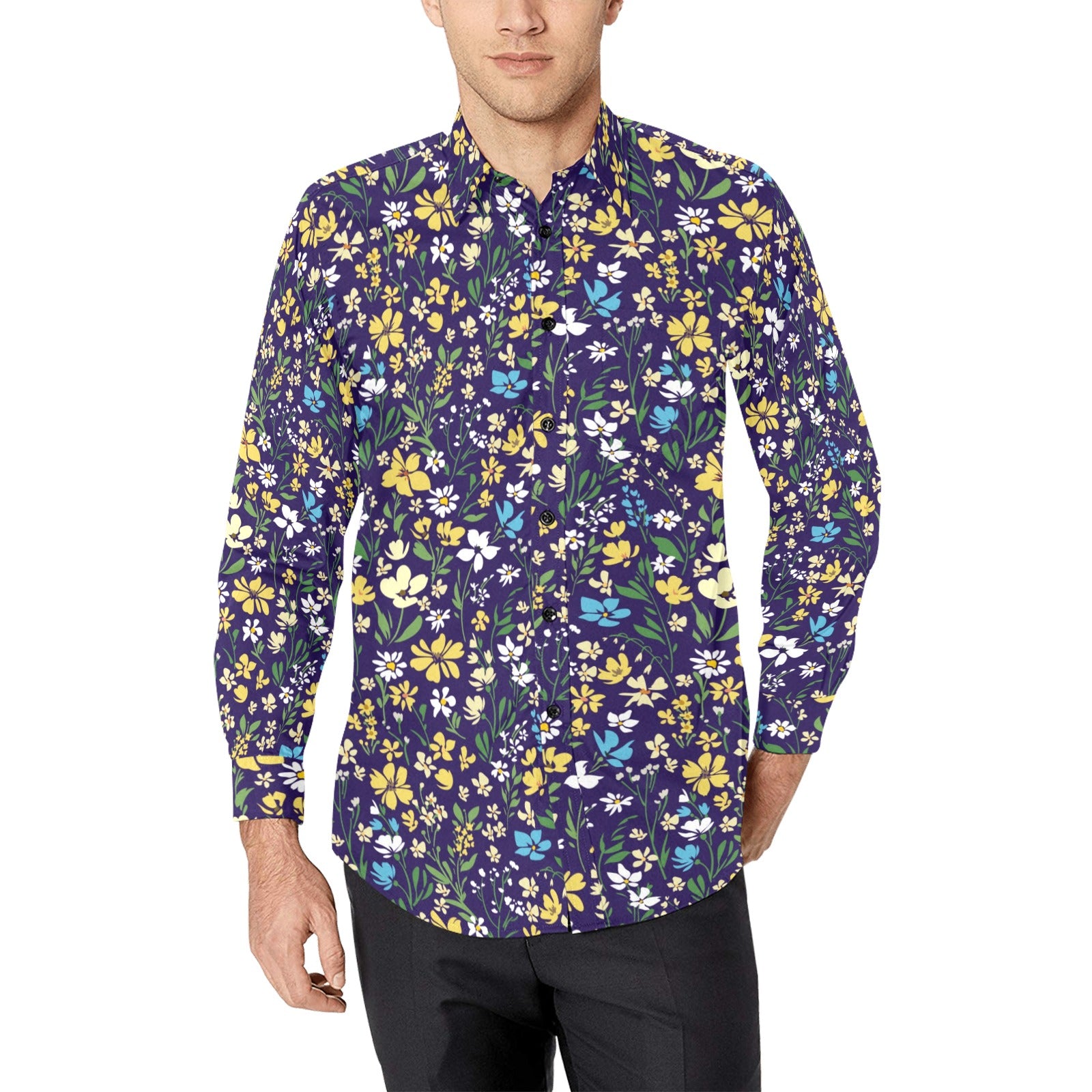 Floral Long Sleeve Men Button Up Shirt, Flowers Purple Print ...