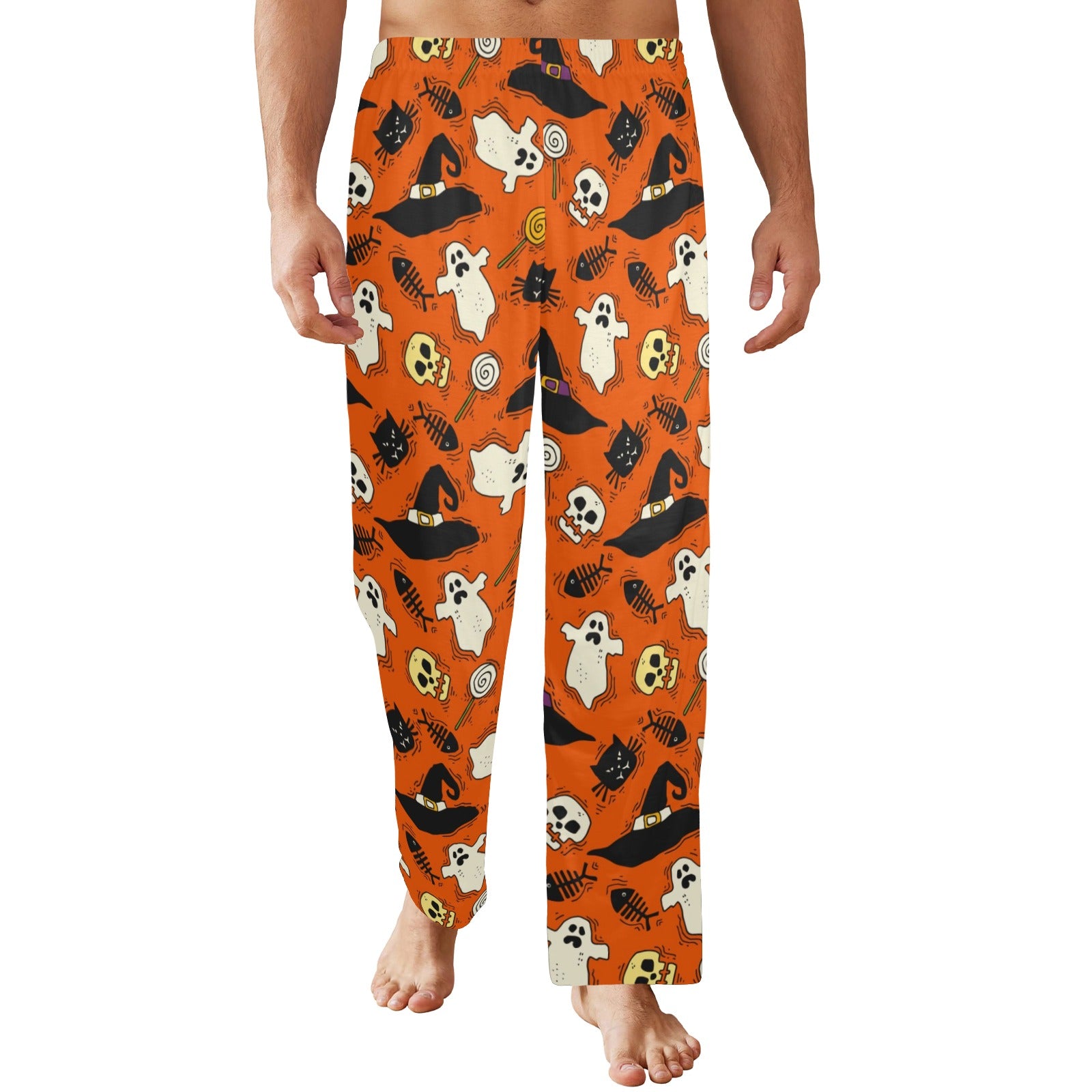 Halloween Men Pajamas Pants, Orange Pumpkin Spooky Ghost Skull Satin PJ  Sleep Lounge Trousers Couples Matching Trousers Bottoms