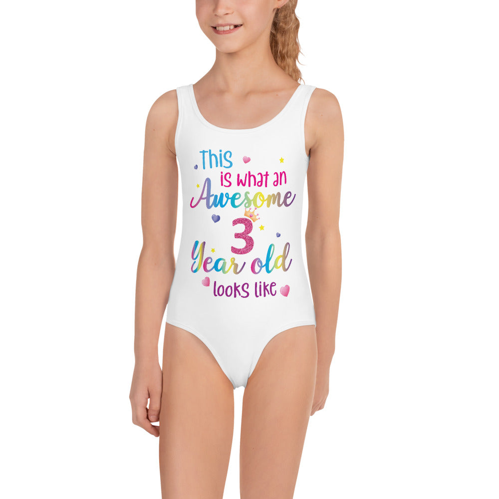 Starcove This Is What An Awesome 3 Year Old Looks Like Girls Swimsuit Birthday 3rd Third Year Fun Rainbow Party Gift Kids One Piece Bathing Suit 5T