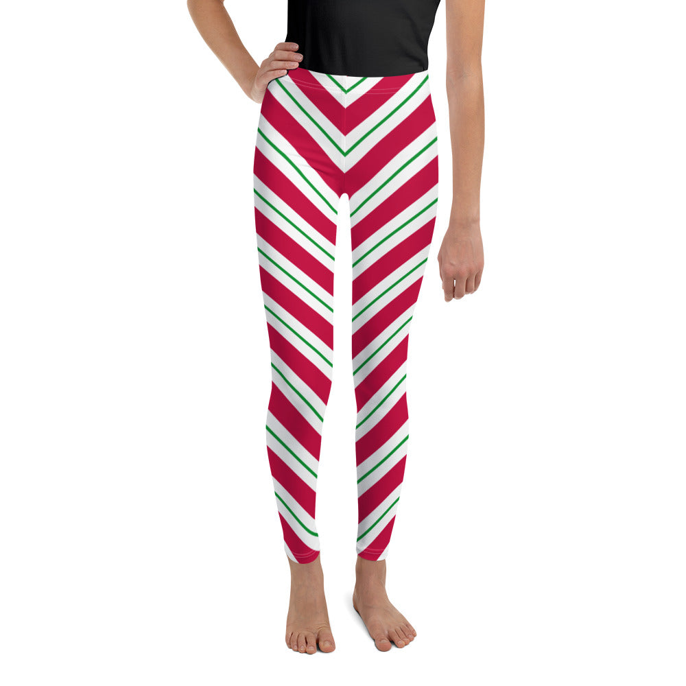 Candy Cane Youth Girls Leggings, Christmas Red White Green