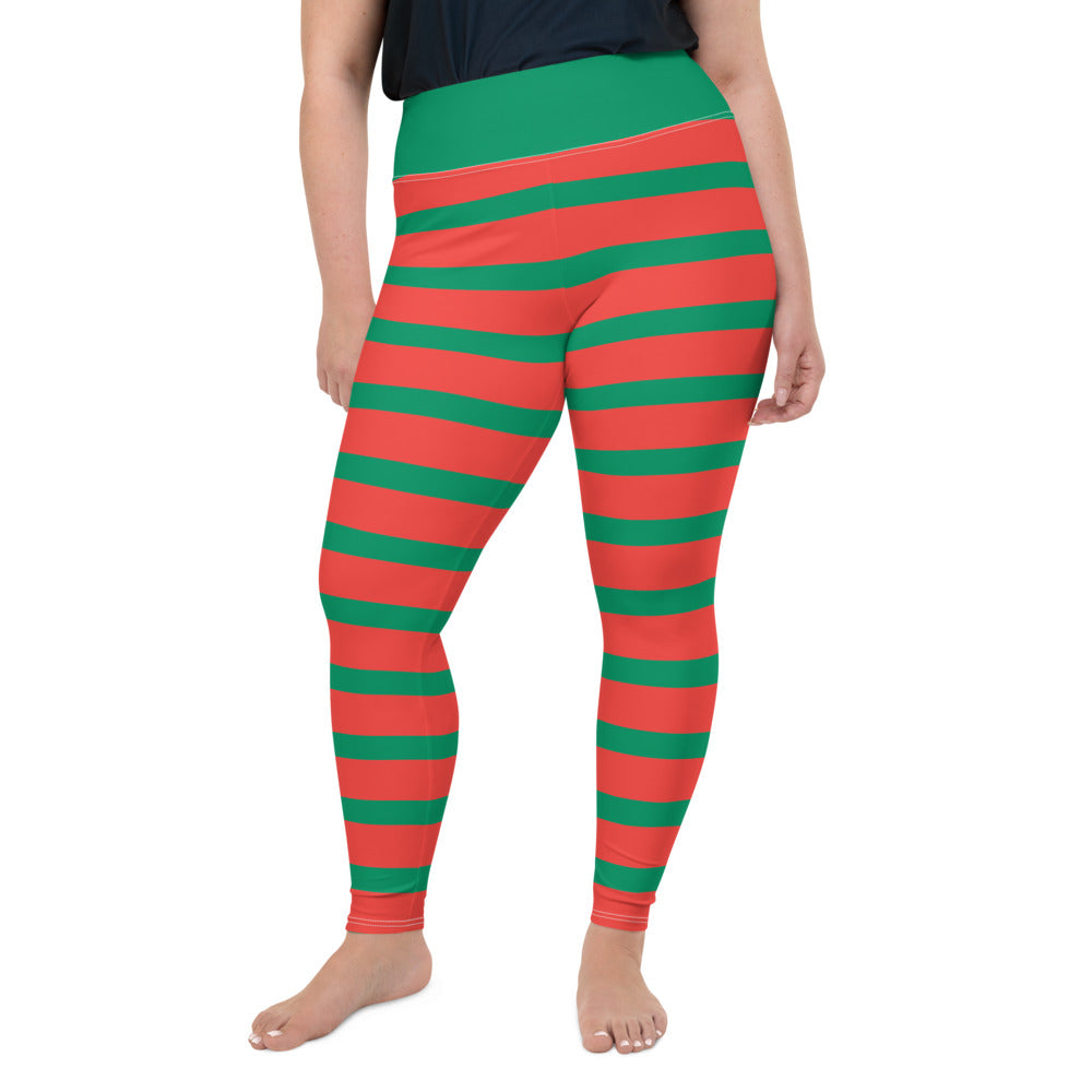 Plus Size Leggings, Elf Christmas Leggings for Women, Red Green