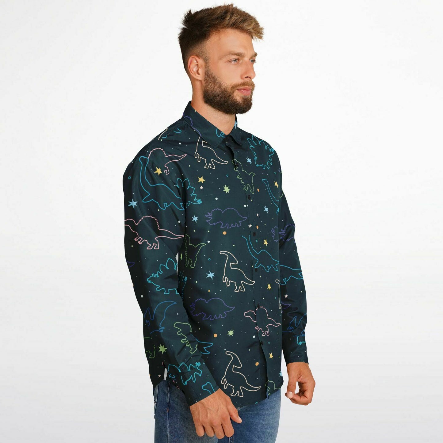 Dinosaur Long Sleeve Men Button Up Shirt, Green Dino Guys Male Print Buttoned Down Collared Graphic Casual Dress Boho Shirt