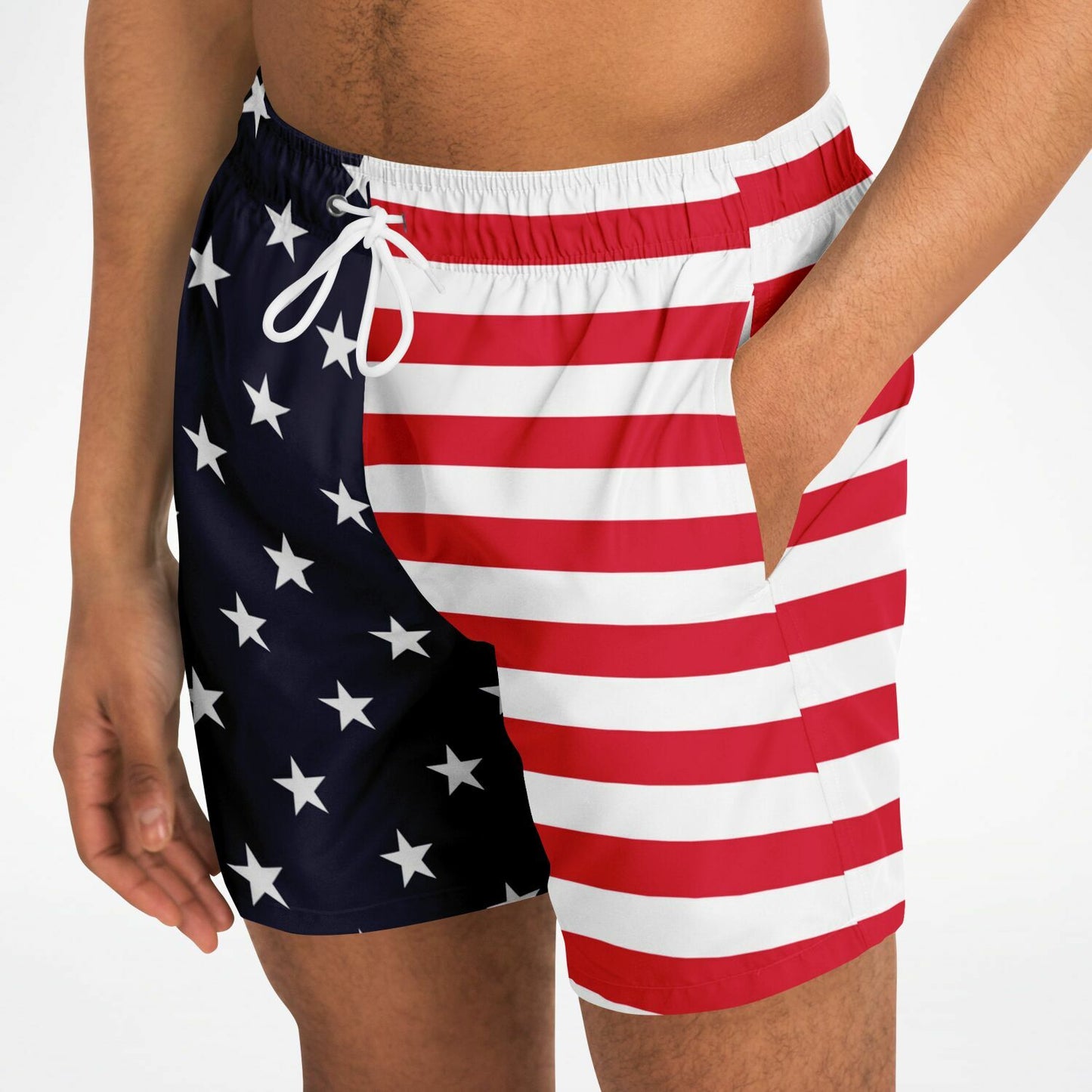 American Flag Men Swim Trunks, USA Patriotic Stars Stripes Red White Blue 4th of July Bathing Shorts Beach Surf Swimwear Male Pockets Lining