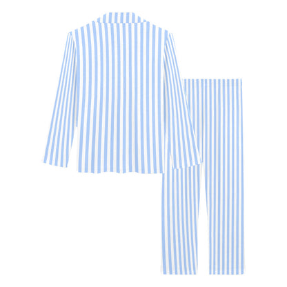 Blue and White Striped Women Pajamas Set, Stripe Ladies Female 2 Piece Pants Print Top PJs Long Sleeve Sleep Sleepwear Cute Adults Nightwear