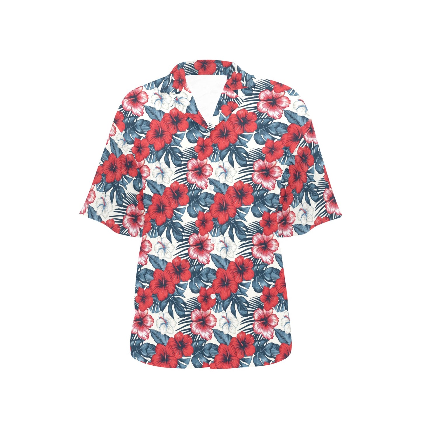 Red White Blue Hibiscus Floral Women Hawaiian shirt, Flowers Tropical Print Vintage Retro Hawaii Aloha Cool Button Up Down Ladies Blouse