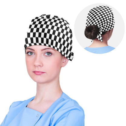 Checkered Scrub Cap Hat Women, Black White Check Nurse Surgical Medical Ladies Female Nursing Printed Vet Dental Uniform Patterned Doctor