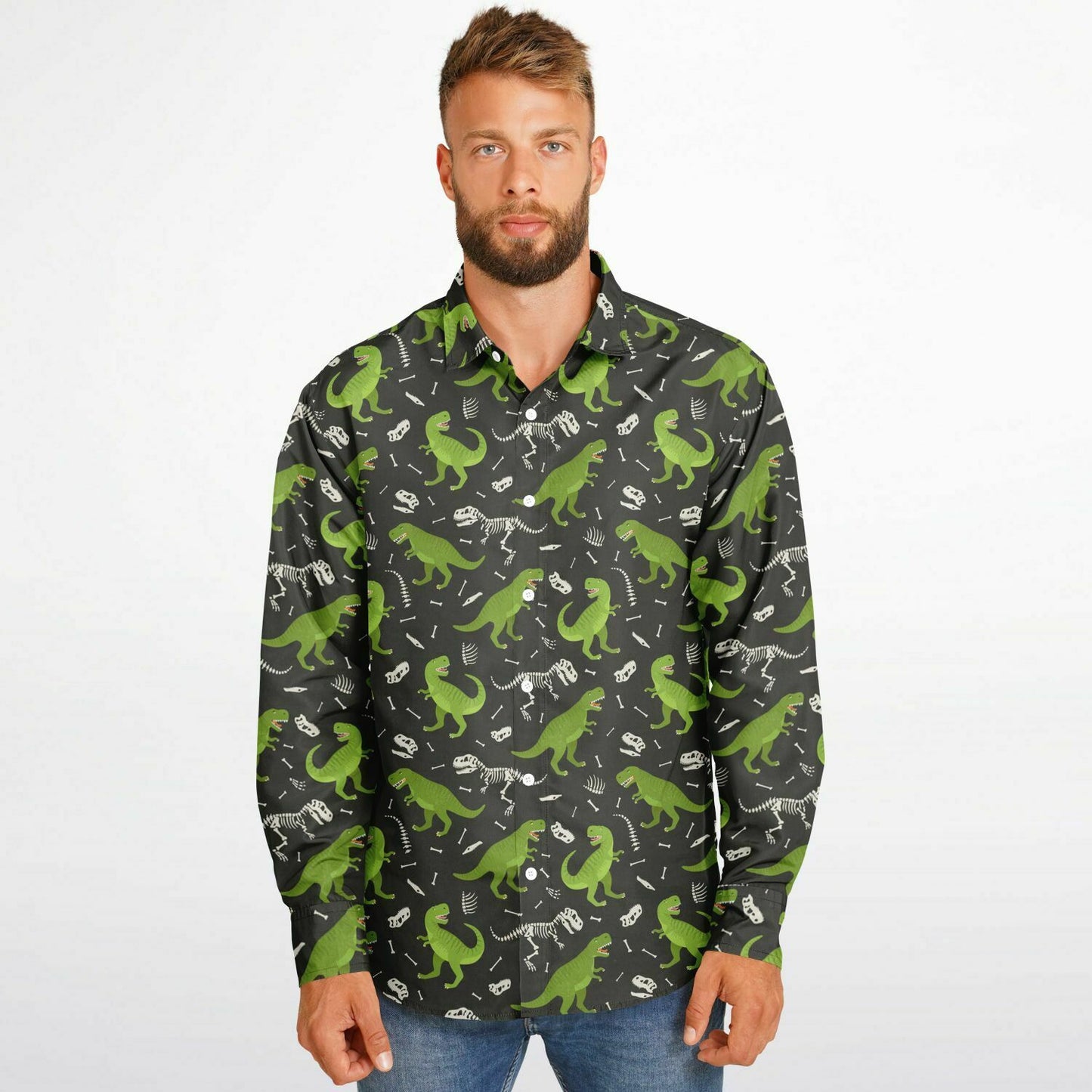 Dinosaur Long Sleeve Men Button Up Shirt, Skeleton Dino Green Guys Male Print Buttoned Down Collared Funny Graphic Casual Dress Shirt