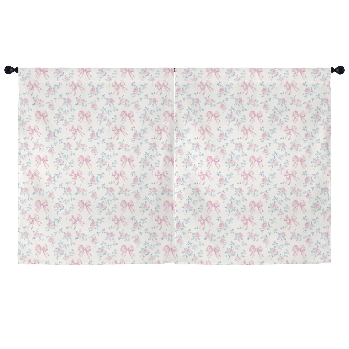 Pink Bows White Floral Modern Window Curtain, Flowers Coquette Kitchen Living Room Bedroom Bathroom Fabric Unique Rod Pocket Decor Home