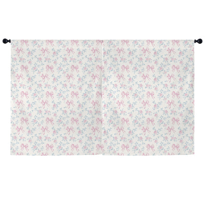 Pink Bows White Floral Modern Window Curtain, Flowers Coquette Kitchen Living Room Bedroom Bathroom Fabric Unique Rod Pocket Decor Home