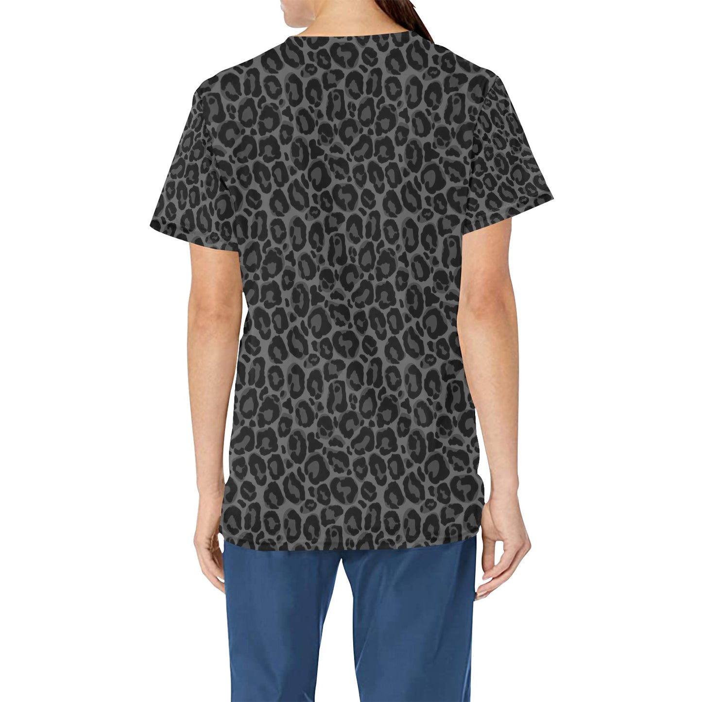 Black Leopard Medical Scrubs Top Women, Grey Animal Print Ladies Female Plus Size Nursing Nurse Vet Veterinary Assistant Uniform Pockets