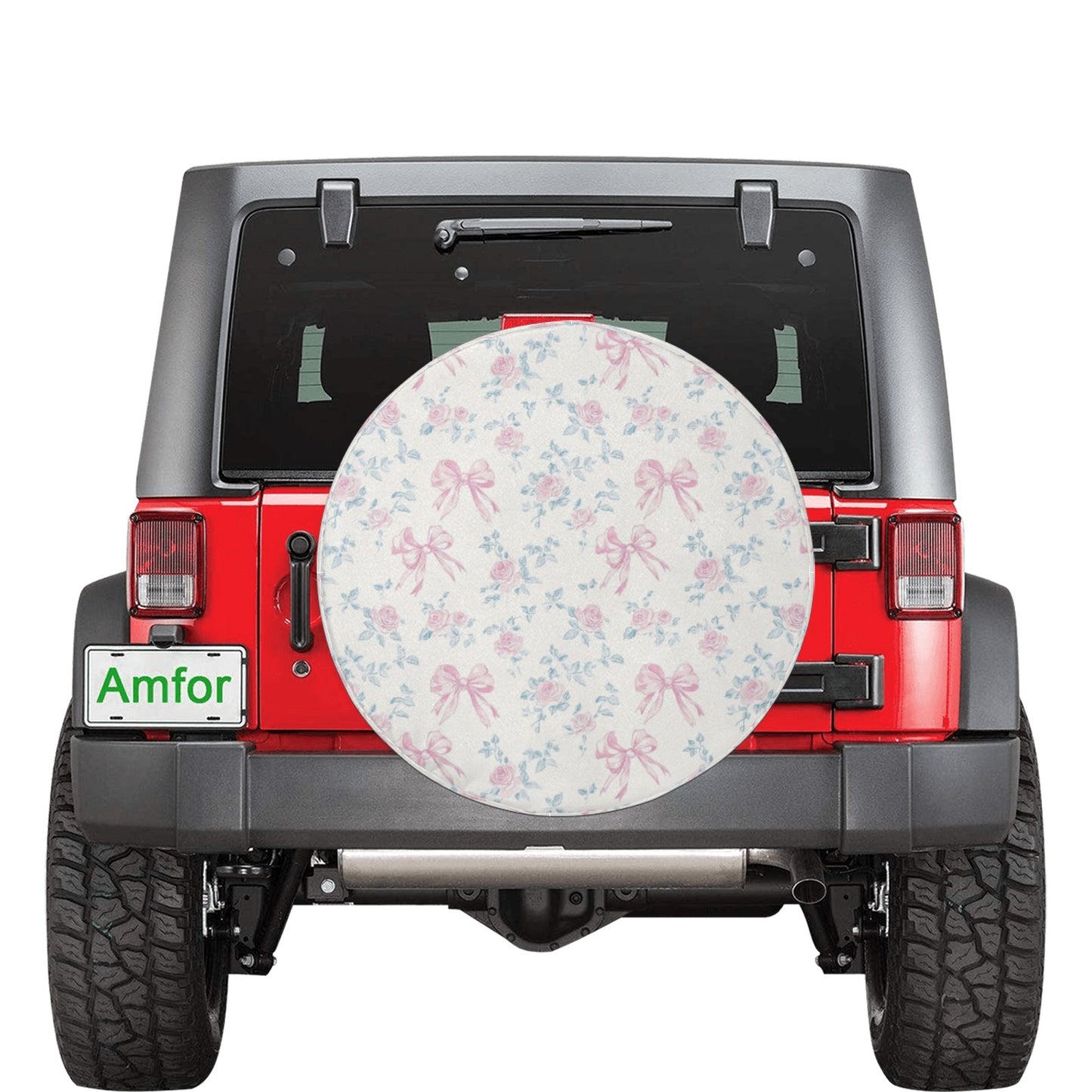 Pink Rose Bows Spare Tire Cover, Floral Flowers Ribbons Pastel White Wheel Accessories Unique Design Backup Camera Hole Trailer Back Women