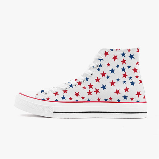 Red White Blue Stars High Top Shoes, American Flag USA Women Men Lace Up Sneakers 4th of July Footwear Canvas Ladies Trainers Designer