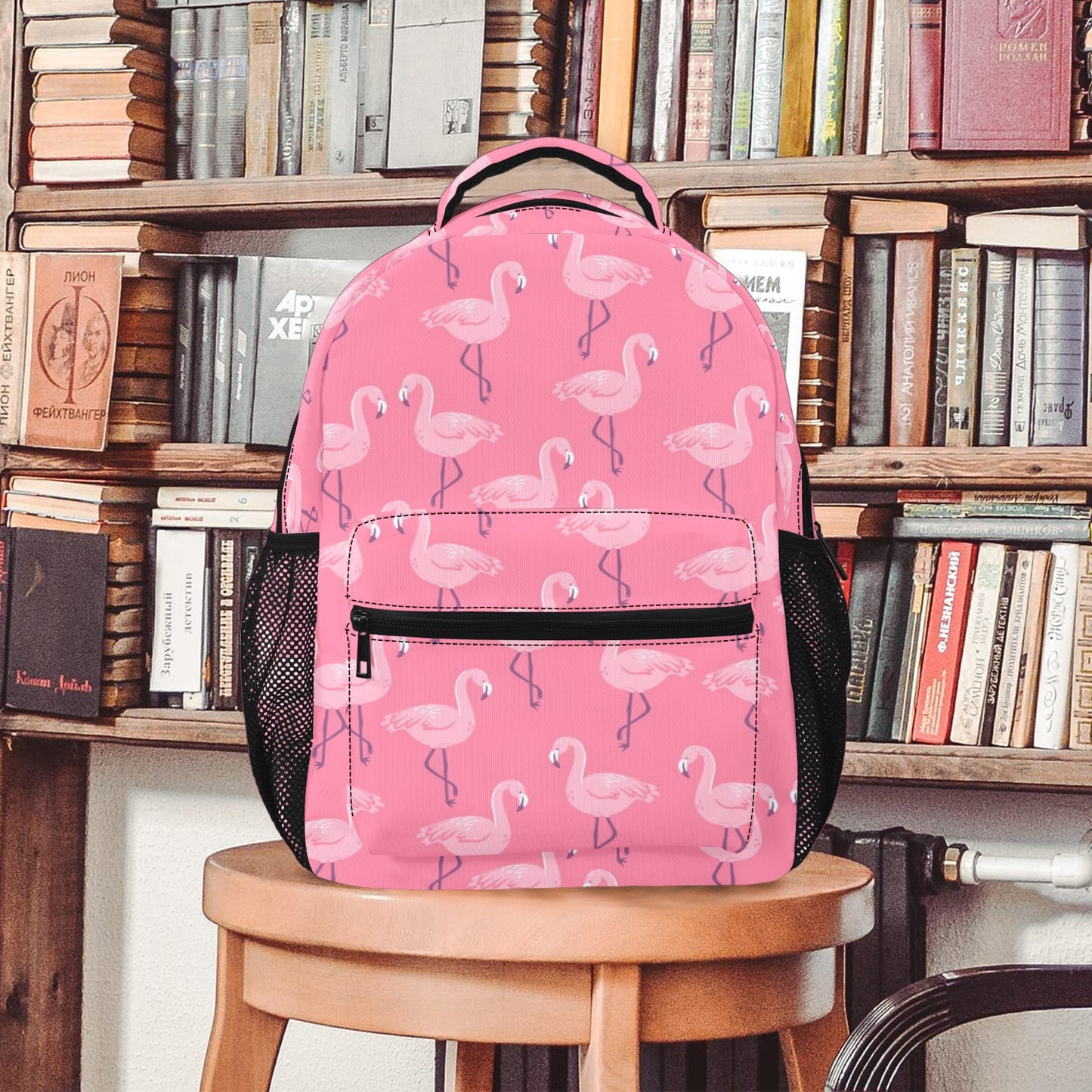 Pink Flamingo Backpack, Tropical Bird Men Women Kids Gift School College Cool Waterproof Side Pockets Laptop Designer Aesthetic Bag Bookbag