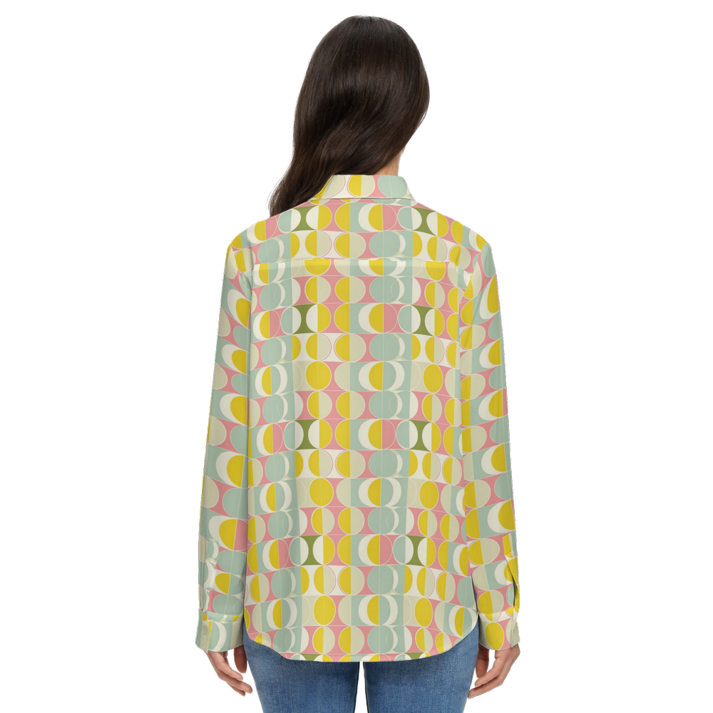 Mid Century Modern Long Sleeve Shirt Women, Retro 60s Vintage Yellow Button Up Ladies Blouse Print Buttoned Down Collared Casual Dress Top