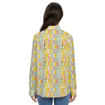 Mid Century Modern Long Sleeve Shirt Women, Retro 60s Vintage Yellow Button Up Ladies Blouse Print Buttoned Down Collared Casual Dress Top