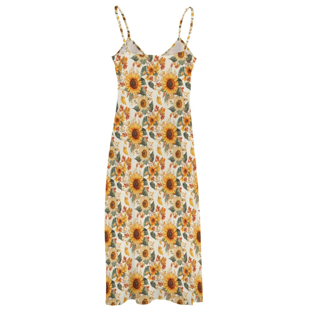 Sunflowers Floral Maxi Dress, Fall Leaves Autumn Long Flowers Spaghetti Straps Women Sleeveless Casual Designer Elegant Plus Size Cocktail