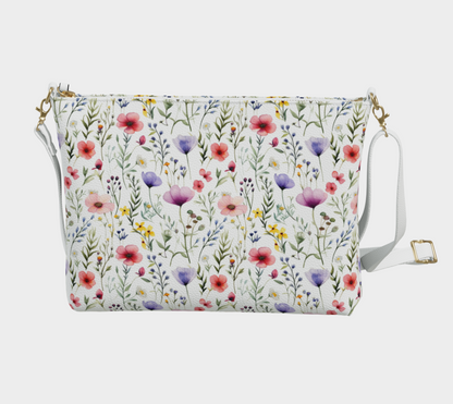 Wildflowers Vegan Leather Crossbody Purse Women, Floral White Watercolor Small Handbag Shoulder Bag Ladies Zip Strap Designer Cross Body