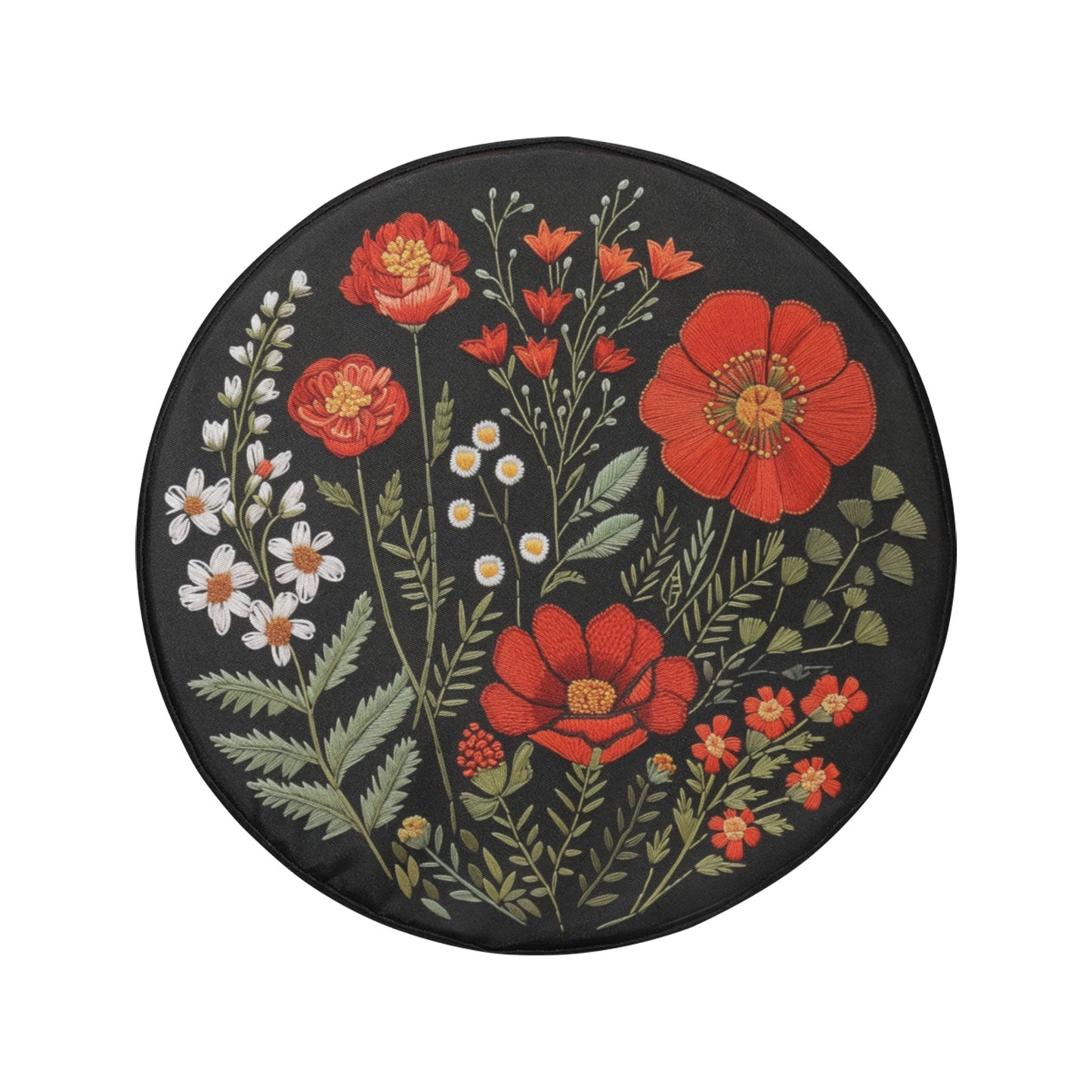 Red Flowers Spare Tire Cover, Faux Embroidery Botanical Plants Printed Floral Wheel Unique Backup Camera Hole Trailer Back Men Women RV Gift