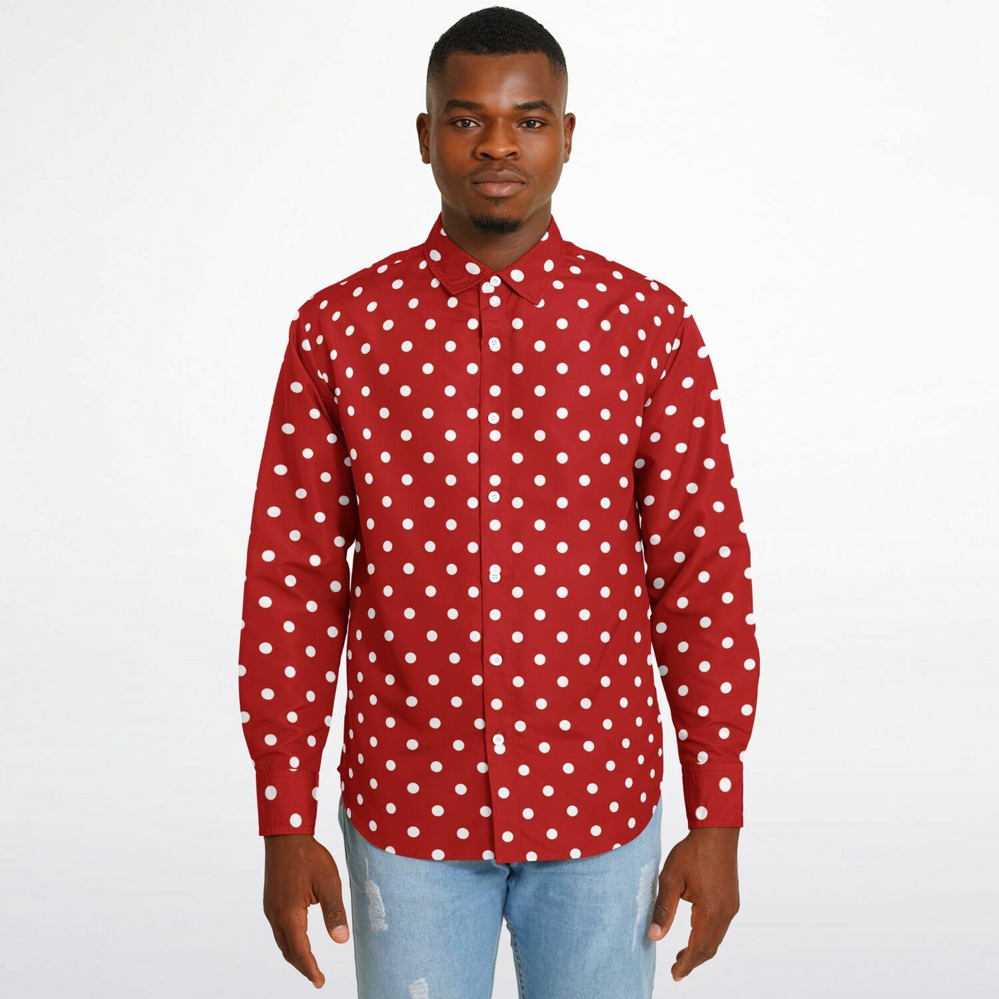 Red White Polka Dots Long Sleeve Men Button Up Shirt, Guys Male Print Buttoned Down Collared Graphic Casual Dress Plus Size Shirt