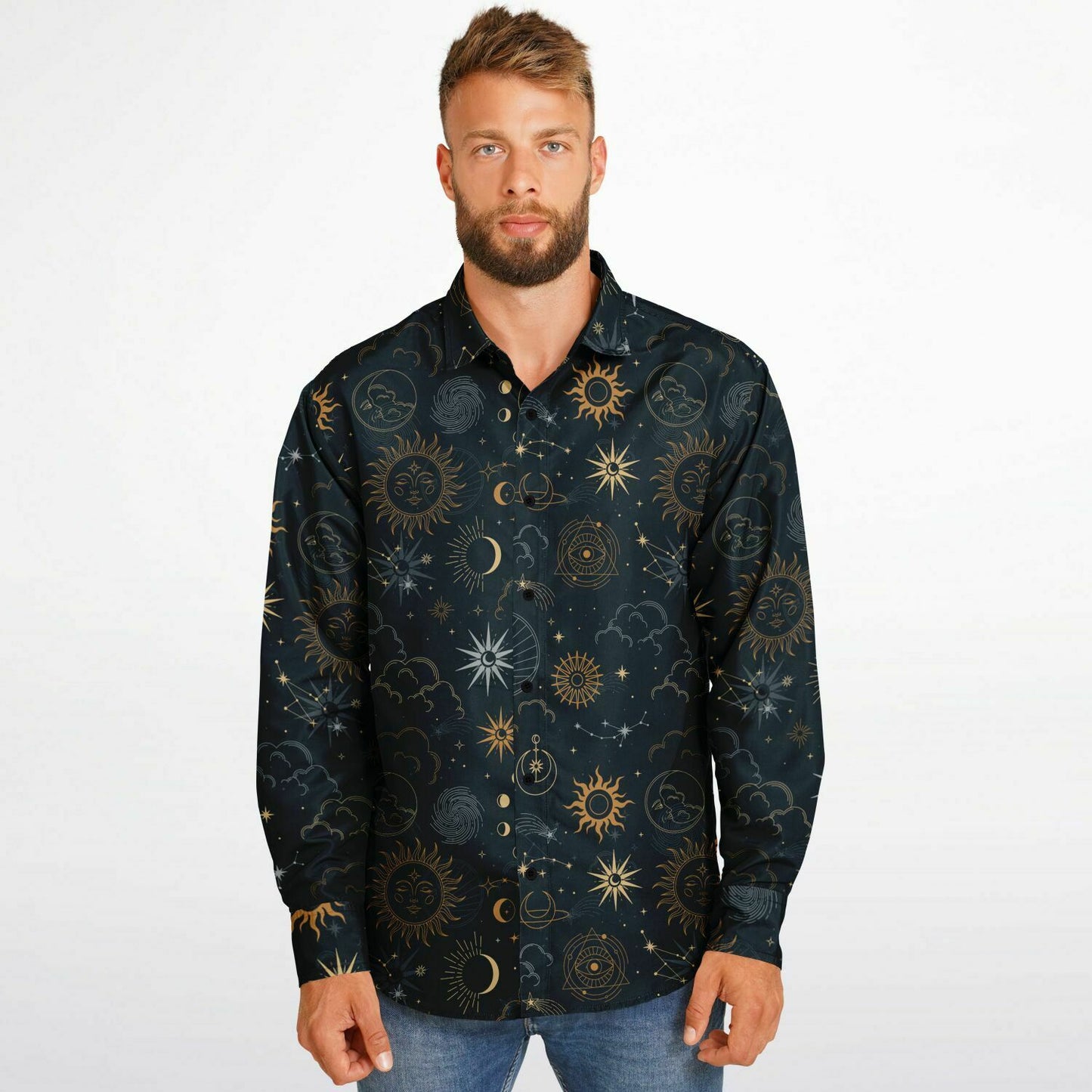 Stars Sun Moon Long Sleeve Men Button Up Shirt, Celestial Space Guys Male Print Buttoned Down Collared Graphic Casual Dress Shirt