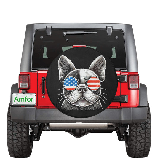 Dog American Flag Spare Tire Cover, French Bulldog Puppy Cool Backup Camera Hole Wheel Unique RV Back Cars Men Women Trailer Campers