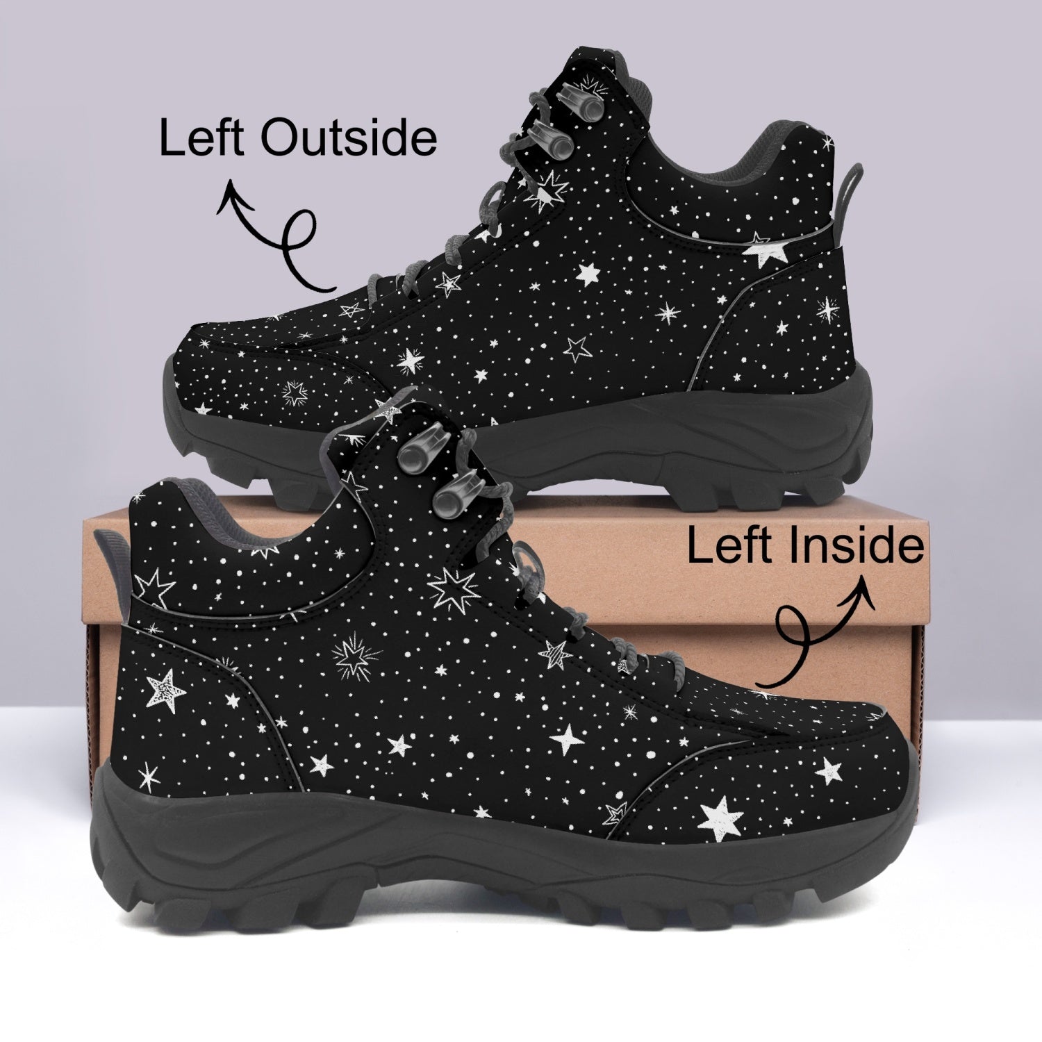 Stars Hiking Leather Boots, Space Black White Print Men Women Female L –  Starcove Fashion