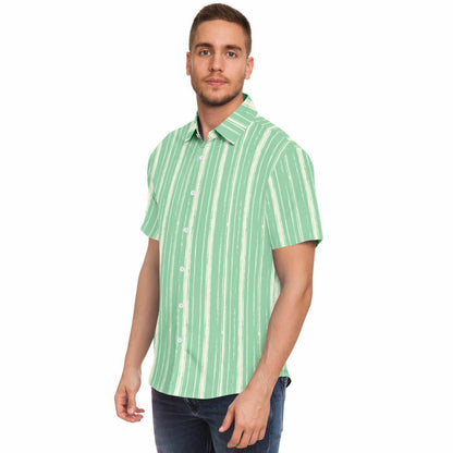 Mint Green Striped Men Button Up Shirt, Vertical Stripe Short Sleeve Print Casual Buttoned Down Summer Male Guys Collared Designer Dress