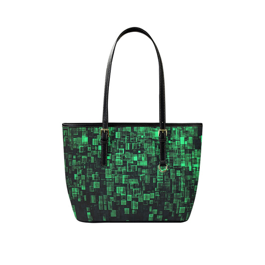 Dark Green Tote Bag Purse, Sci Fi Coding Cyber Futuristic Art Women Vegan Leather Handbag  Zip on Top Designer Handmade Shoulder Ladies Bag