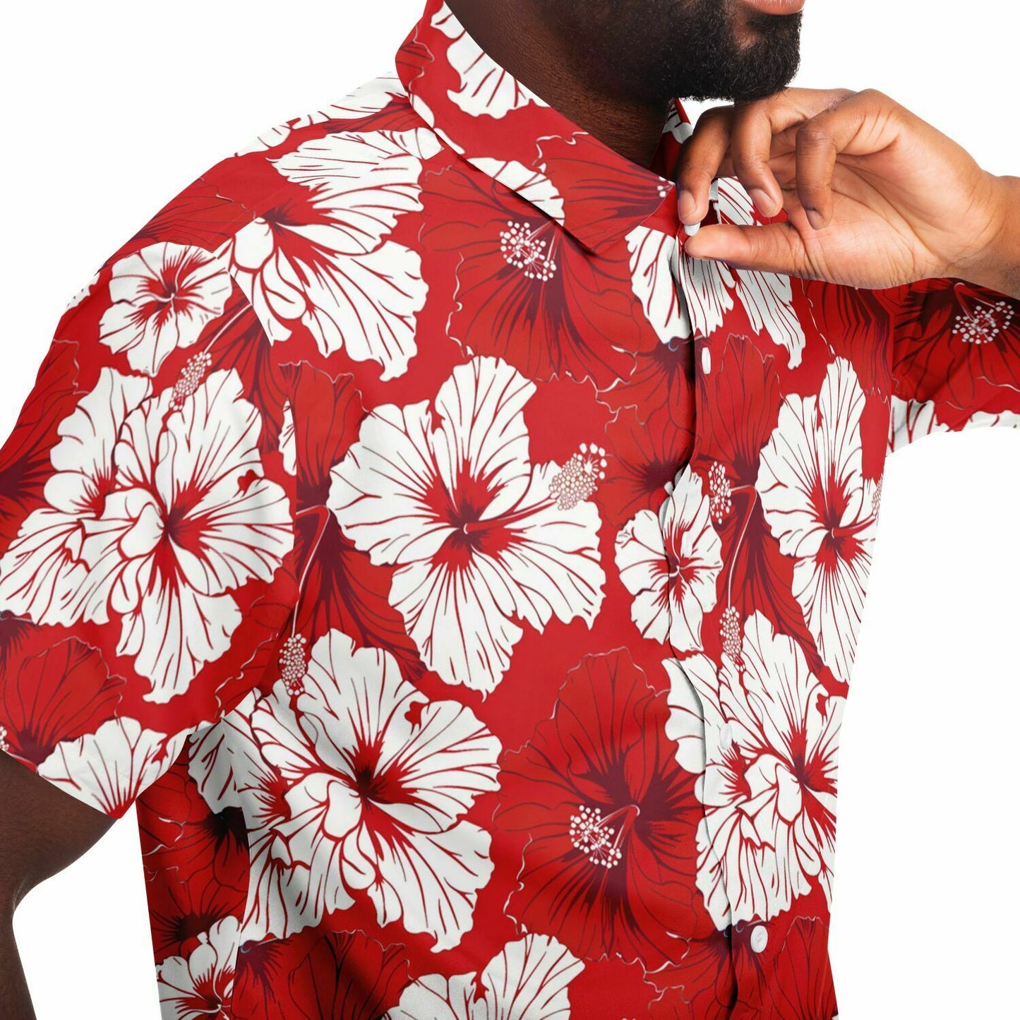 Red and White Floral Men Button Up Shirt, Hibiscus Flowers Short Sleeve Print Casual Buttoned Down Summer Guys Collared Designer Dress Shirt