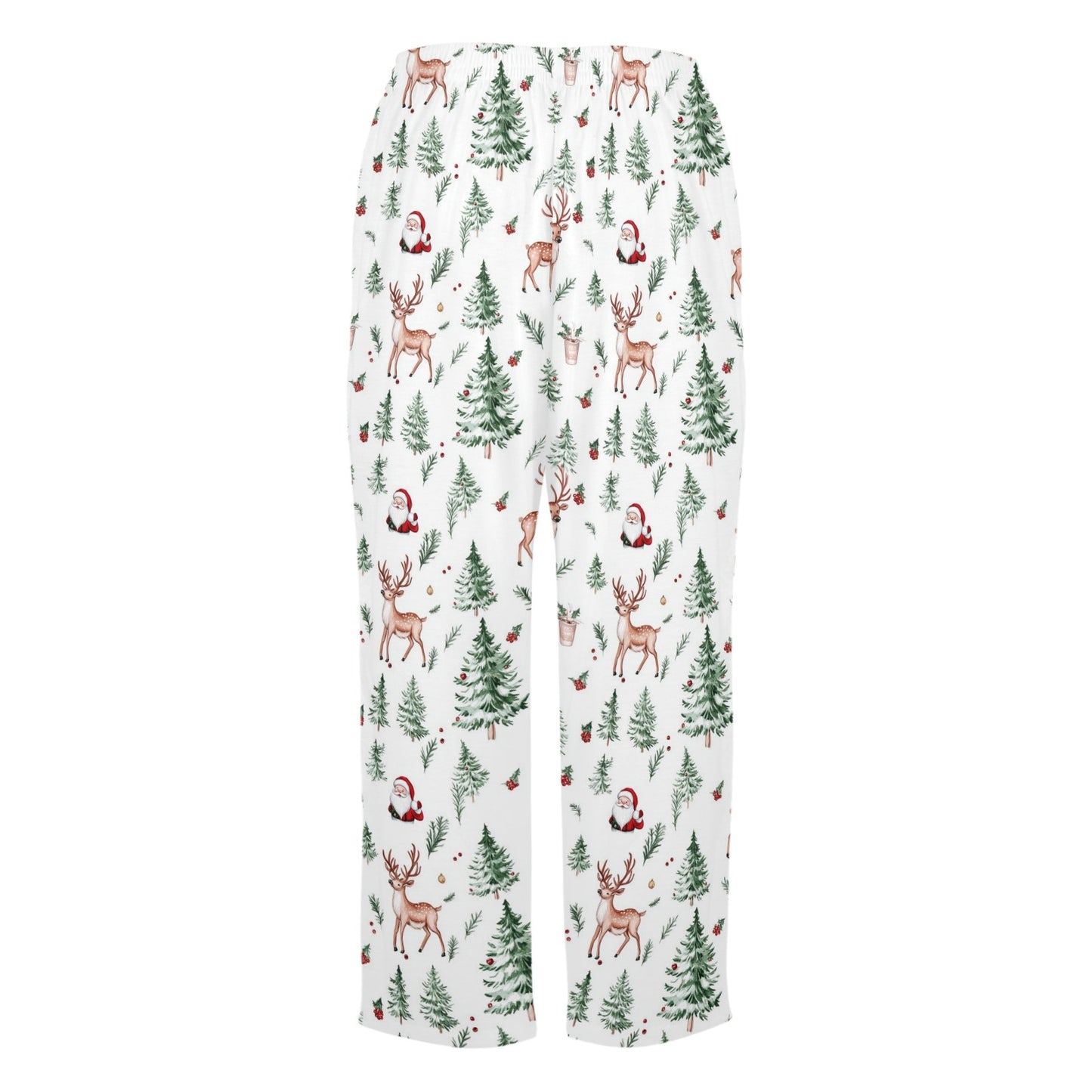 White Christmas Trees Women Pajamas Pants, Reindeer Santa Claus Xmas PJ Pockets Trousers Couples Matching Ladies Female Trousers Bottoms