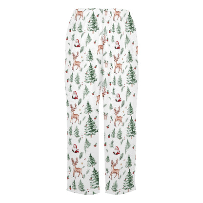 White Christmas Trees Women Pajamas Pants, Reindeer Santa Claus Xmas PJ Pockets Trousers Couples Matching Ladies Female Trousers Bottoms