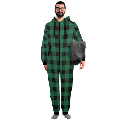 Green Buffalo Plaid One Piece Men Pajama, Black Checkered Christmas Xmas Adult Bodysuit Women Ladies Flannel Long Sleeve Hooded PJ Romper