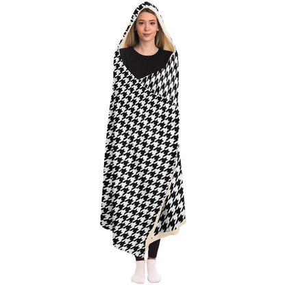 Houndstooth Hooded Blanket, Black White Sherpa Fleece Soft Fluffy Cozy Warm Adult Men Women Kids Large Wearable with Hood Gift