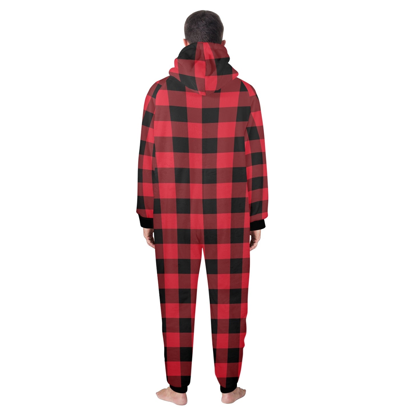 Red Buffalo Plaid One Piece Men Pajama, Black Checkered Christmas Xmas Adult Bodysuit Women Ladies Flannel Long Sleeve Hooded PJ Romper