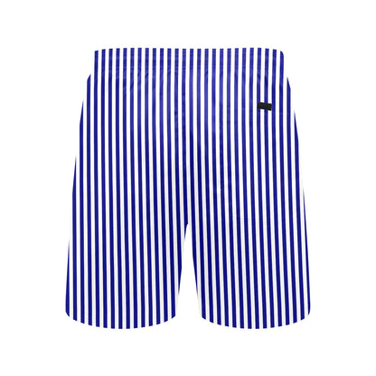 Navy Blue White Striped Men Swim Trunks, Mid Length Shorts Beach Pockets Mesh Lining Drawstring Boys Casual Bathing Suit Plus Size Swimwear