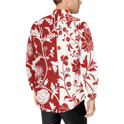 Red and White Floral Long Sleeve Men Button Up Shirt, Half Two Tone Print Guys Designer Casual Buttoned Collar Dress Shirt with Chest Pocket