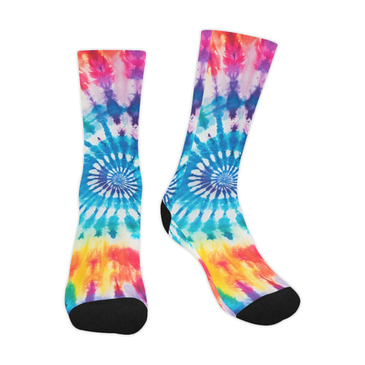 Tie Dye Socks, Spiral Blue Crew Sublimation Unisex Men Women Guys Designer Fun Novelty Cool Funky Crazy Casual Unique Dress Socks