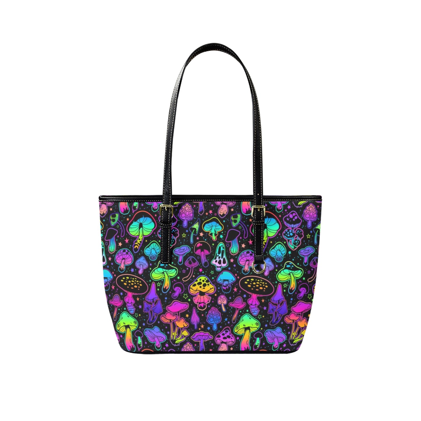 Mushroom Tote Bag Purse, Colorful Psychedelic Witchy Art Women Vegan Leather Handbag  Zip on Top Designer Handmade Shoulder Ladies Bag