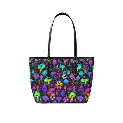 Mushroom Tote Bag Purse, Colorful Psychedelic Witchy Art Women Vegan Leather Handbag  Zip on Top Designer Handmade Shoulder Ladies Bag