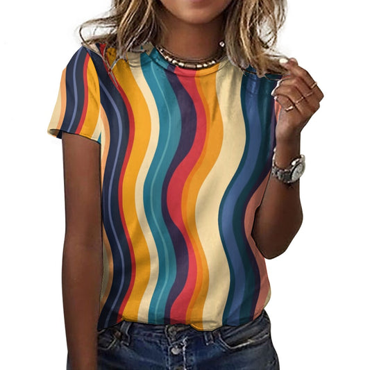 Retro Wavy Stripes Women Cotton Tshirt, Colorful Vintage 70s Ladies Female Designer Graphic Aesthetic Fashion Fitted Crewneck Tee Shirt Top