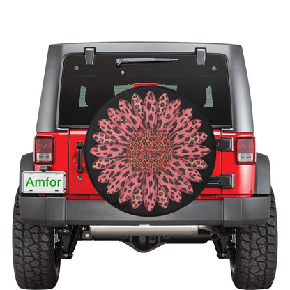 Pink Leopard Sunflower Car Spare Tire Cover, Cheetah Back Rear Extra Wheel Floral Flowers Black Camera Hole Unique Women  RV Camper Auto